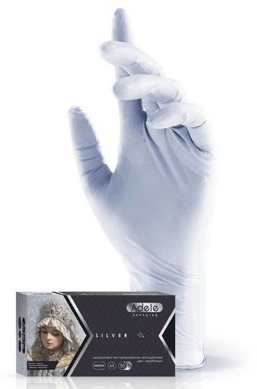 Adele, смотровые нитриловые перчатки, серебро, 100 штук Adele, смотровые нитриловые перчатки, серебро, 100 штук
