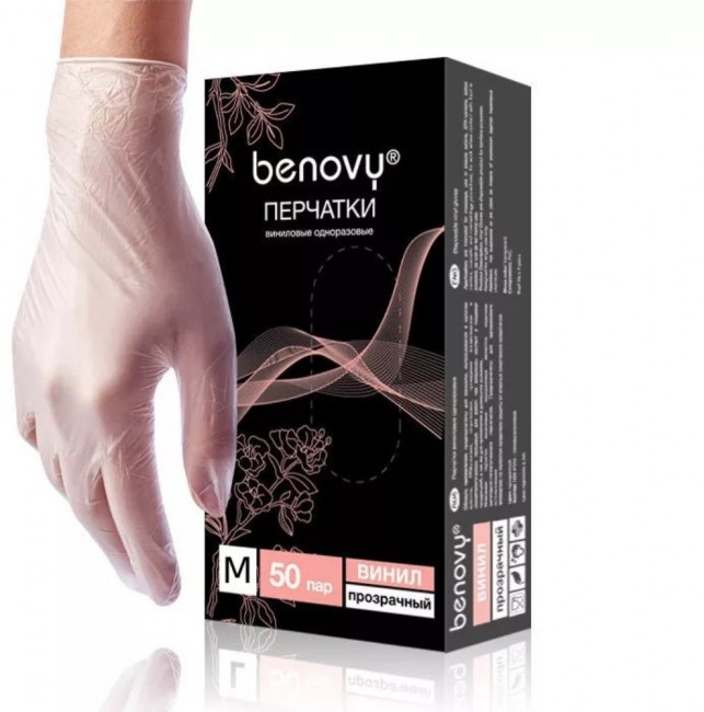 Benovy, перчатки виниловые неопудренные прозрачные, 100 шт