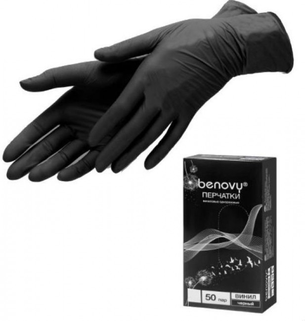 Перчатки виниловые Benovy неопудренные ЧЕРНЫЕ 100 штук
