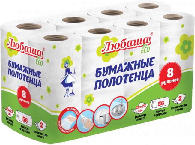 Полотенца бумажные 2-х слойные спайка 8 рулонов (8х13 м) ЛЮБАША ECO