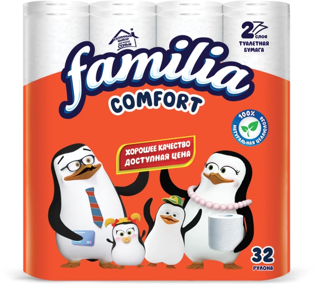 Бумага туалетная белая, спайка 32 штуки, 2-слойная (32х14,8 м), FAMILIA COMFORT