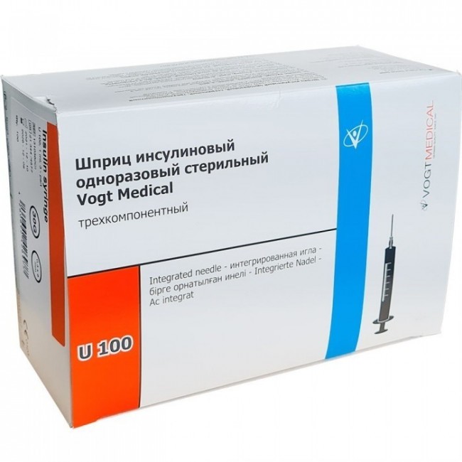 Инсулиновый шприц U100 1 мл с интегрированной иглой 30G 0,30 x 13 мм, Vogt Medical, Германия, 100 штук